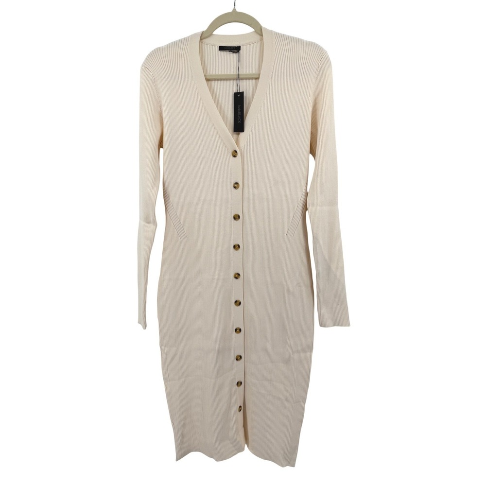 bobi BLACK Ivory Knit Ribbed Button Front Long Sleeve Body Con Midi Dress Size S